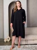 PLUS SIZE LONG SLEEVE POCKETS BUTTON UP TUNIC MIDI DRESS