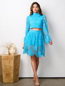 WOMEN'S LONG BELL SLEEVE CROP TOP & MINI CROCHET SKIRT 2PC SET