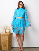 WOMEN'S LONG BELL SLEEVE CROP TOP & MINI CROCHET SKIRT 2PC SET