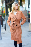 Rust Suede Double Breasted Belted Lined Trench Coat (Open Pack)