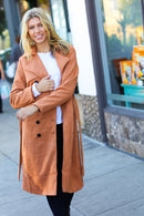 Rust Suede Double Breasted Belted Lined Trench Coat (Open Pack)