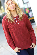 Fall Vibes Rust Cable Knit Lace Up V Neck Sweater (Open Pack)
