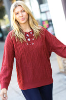 Fall Vibes Rust Cable Knit Lace Up V Neck Sweater (Open Pack)
