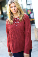 Fall Vibes Rust Cable Knit Lace Up V Neck Sweater (Open Pack)