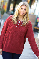 Fall Vibes Rust Cable Knit Lace Up V Neck Sweater (Open Pack)