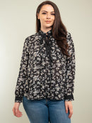 PLUS SIZE LONG SLEEVE NECK TIE FLORAL BLOUSE TOP