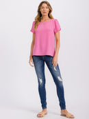 WOMEN'S SHORT DETAILED SLEEVE HIGH-LOW SOLID BLOUSE