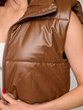 WOMEN'S SLEEVELESS ZIPPER CLOSURE PU PLEATHER PUFFER VEST