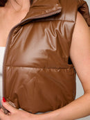 WOMEN'S SLEEVELESS ZIPPER CLOSURE PU PLEATHER PUFFER VEST