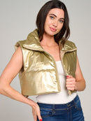 WOMEN'S SLEEVELESS ZIPPER CLOSURE PU PLEATHER PUFFER VEST