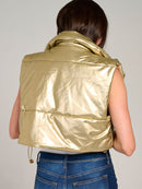 WOMEN'S SLEEVELESS ZIPPER CLOSURE PU PLEATHER PUFFER VEST