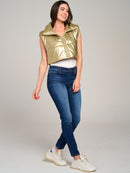 WOMEN'S SLEEVELESS ZIPPER CLOSURE PU PLEATHER PUFFER VEST