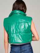 WOMEN'S SLEEVELESS ZIPPER CLOSURE PU PLEATHER PUFFER VEST