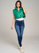 WOMEN'S SLEEVELESS ZIPPER CLOSURE PU PLEATHER PUFFER VEST