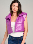 WOMEN'S SLEEVELESS ZIPPER CLOSURE PU PLEATHER PUFFER VEST