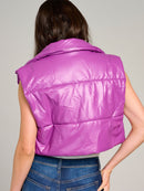 WOMEN'S SLEEVELESS ZIPPER CLOSURE PU PLEATHER PUFFER VEST