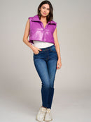 WOMEN'S SLEEVELESS ZIPPER CLOSURE PU PLEATHER PUFFER VEST
