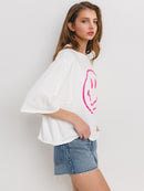 WOMEN'S SHORT SLEEVE HAPPY FACE GRAPHIC BASIC TOP