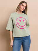 WOMEN'S SHORT SLEEVE HAPPY FACE GRAPHIC BASIC TOP