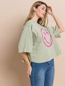 WOMEN'S SHORT SLEEVE HAPPY FACE GRAPHIC BASIC TOP