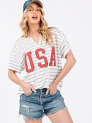 WOMEN'S SHORT SLEEVE V-NECK USA GRAPHIC BASIC STRIPES TOP