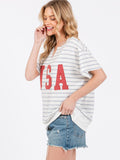 WOMEN'S SHORT SLEEVE V-NECK USA GRAPHIC BASIC STRIPES TOP