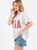 WOMEN'S SHORT SLEEVE V-NECK USA GRAPHIC BASIC STRIPES TOP
