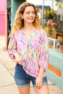 Life's A Party Fuchsia & Yellow Abstract Print V Neck Top (Open Pack)