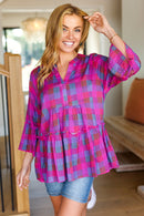 Back To Basics Fuchsia Plaid Notched Neck Babydoll Top (Open Pack)