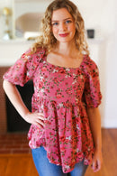 Just So Sweet Dusty Rose Floral Print Smocked Puff Sleeve Top (Open Pack)
