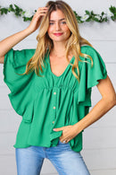 Sea Green Button Ruffle Woven Top (Open Pack)