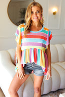 Best In Bold Multicolor Stripe Thermal Ruffle Sleeve Babydoll Top (Open Pack)