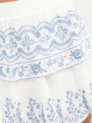 WOMEN'S ELASTIC WAIST TIERED RUFFLE EMBROIDERY MINI SKIRT
