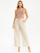 WOMEN'S ELASTIC WAIST POCKETS PU PLEATHER WIDE LEG PANTS