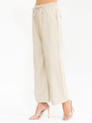 WOMEN'S ELASTIC WAIST POCKETS PU PLEATHER WIDE LEG PANTS