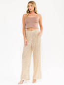 WOMEN'S BUTTON CLOSURE POCKETS SEQUINS WIDE LEG PANTS