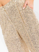 WOMEN'S BUTTON CLOSURE POCKETS SEQUINS WIDE LEG PANTS