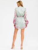 WOMEN'S LONG SLEEVE V-NECK ELASTIC WAIST SELF TIE FLORAL ROMPER