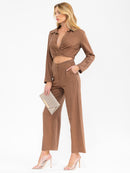WOMEN'S LONG SLEEVE CROP TOP & BUTTON CLOSURE PANTS SOLID 2PC. SET