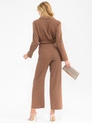 WOMEN'S LONG SLEEVE CROP TOP & BUTTON CLOSURE PANTS SOLID 2PC. SET