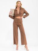 WOMEN'S LONG SLEEVE CROP TOP & BUTTON CLOSURE PANTS SOLID 2PC. SET