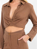 WOMEN'S LONG SLEEVE CROP TOP & BUTTON CLOSURE PANTS SOLID 2PC. SET