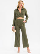 WOMEN'S LONG SLEEVE CROP TOP & BUTTON CLOSURE PANTS SOLID 2PC. SET