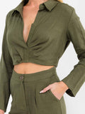 WOMEN'S LONG SLEEVE CROP TOP & BUTTON CLOSURE PANTS SOLID 2PC. SET