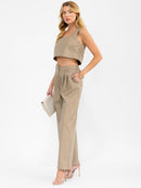WOMEN'S SQUARE NECK CROP TOP & BUTTON CLOSURE PANTS PU PLEATHER 2PC. SET