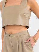 WOMEN'S SQUARE NECK CROP TOP & BUTTON CLOSURE PANTS PU PLEATHER 2PC. SET