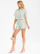 WOMEN'S SHORT SLEEVE TOP & MINI SHORTS EYELET DETAILED 2PC. SET