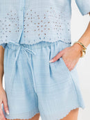 WOMEN'S SHORT SLEEVE TOP & MINI SHORTS EYELET DETAILED 2PC. SET