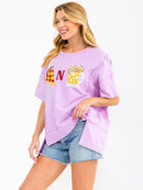 WOMEN'S SHORT SLEEVE SEQUINS GRAPHIC HIGH-LOW OVERSIZED TOP