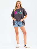 WOMEN'S SHORT SLEEVE SEQUINS GRAPHIC HIGH-LOW OVERSIZED TOP